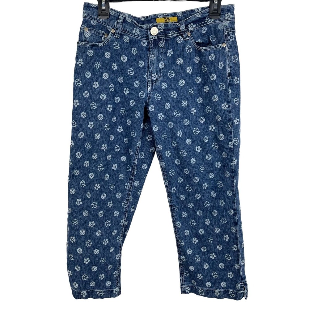 Drama Gold Women Floral Print Denim Capri Pants Cropped Jeans Size 8